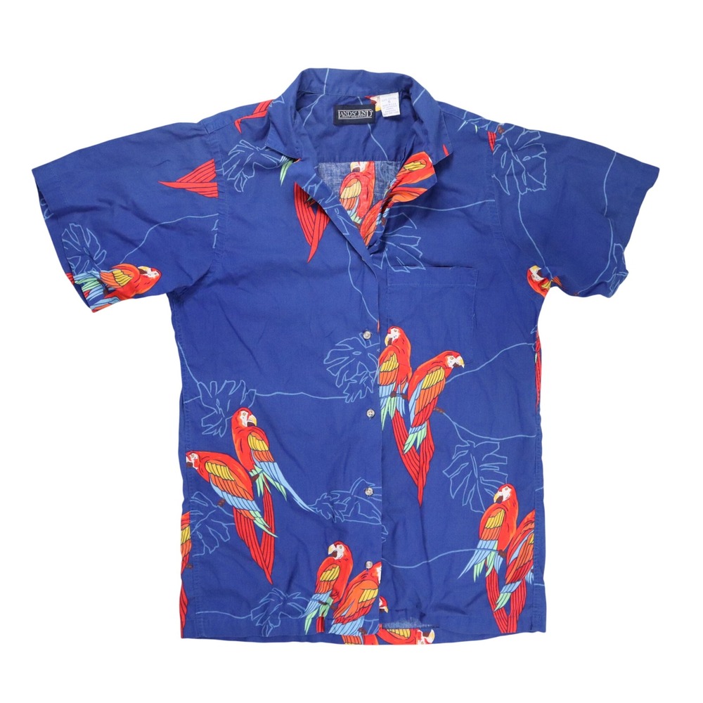 Lands End Direct Merchants Shirt Womens Small Blue Parrot Tropical Cotton 90s